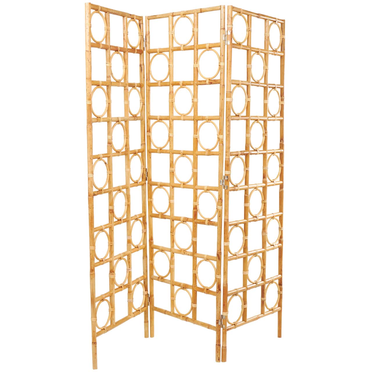 71" Brown Rattan Geometric Handmade Woven Geometric 3 Panel Room Divider